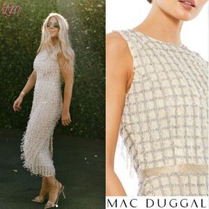 Mac Duggal 5471 Sleeveless Beaded High Neck Midi Sheath Dress Size 6 Nude Silver